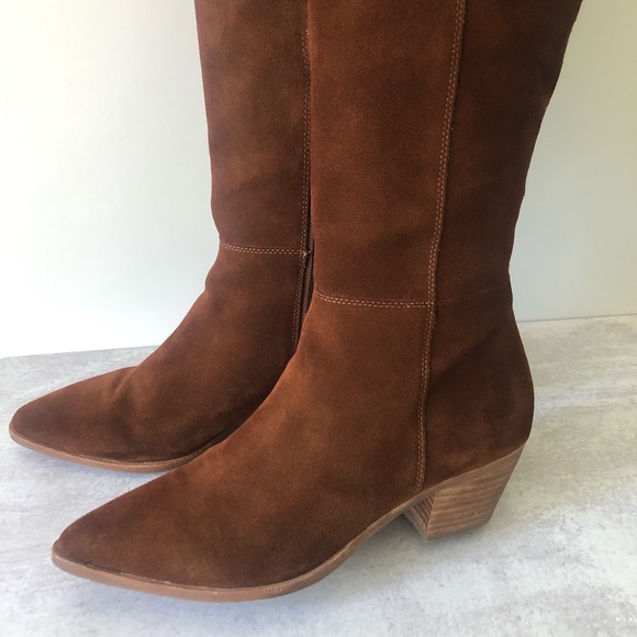 Steve Madden Lucca Pieced Suede Over the Knee Stacked Heel Boot, Cognac 9.5 - Picture 3 of 12